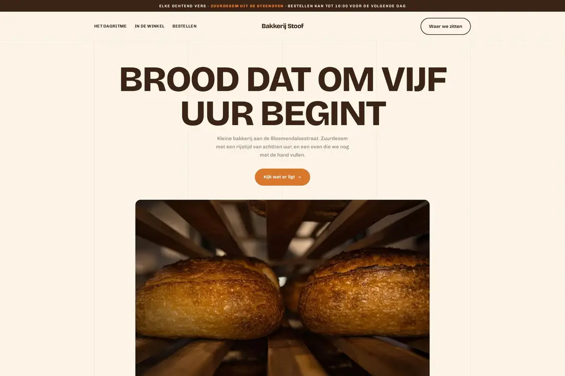 Het beginscherm van de website van Bakkerij Stoof