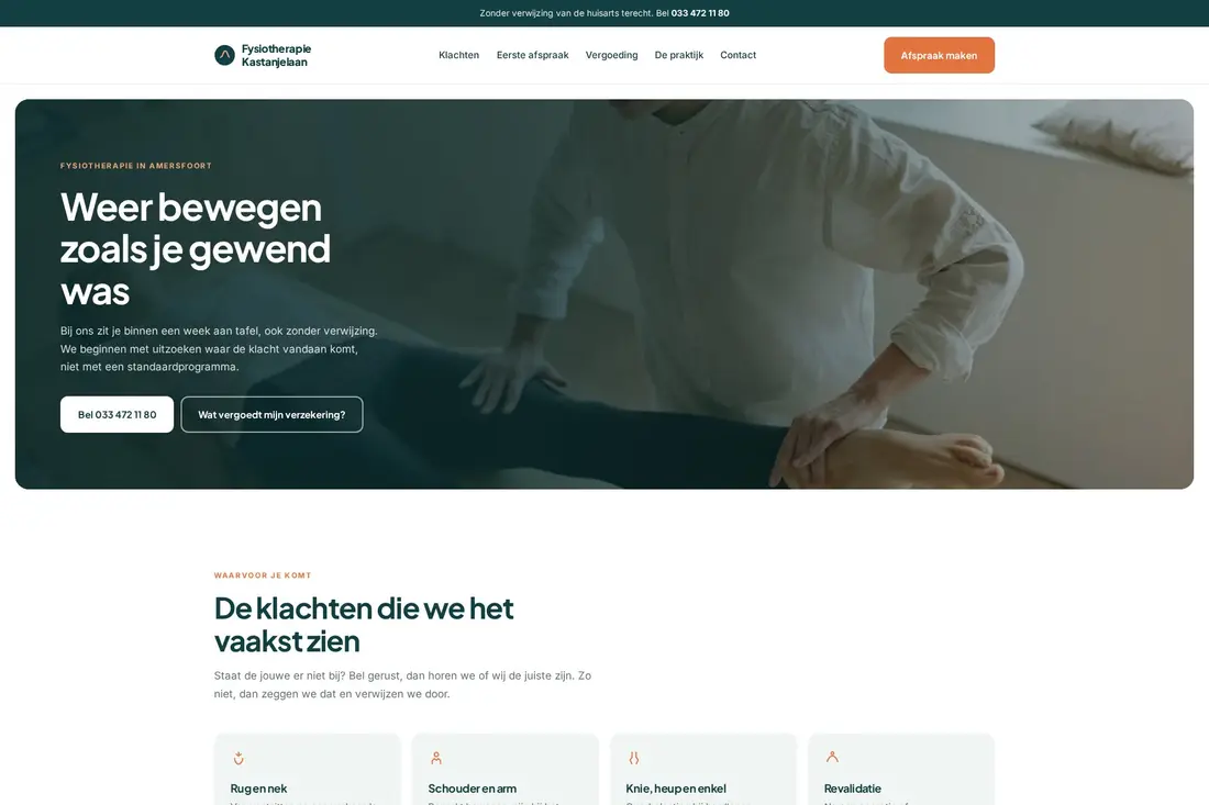 Het beginscherm van de website van Fysiotherapie Kastanjelaan