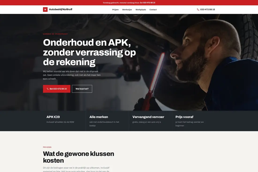 Het beginscherm van de website van Autobedrijf Kolthoff
