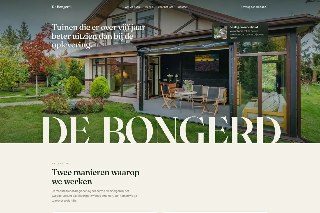 Het beginscherm van de website van De Bongerd, hoveniers