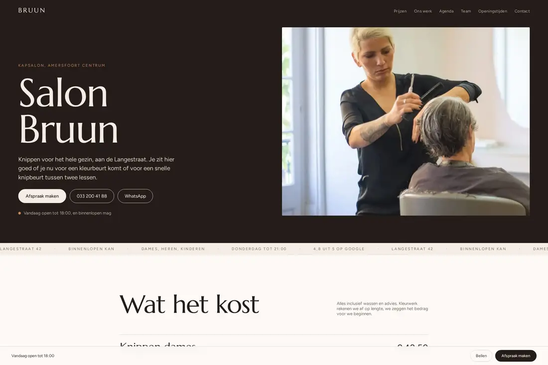 Het beginscherm van de website van Salon Bruun, kapsalon