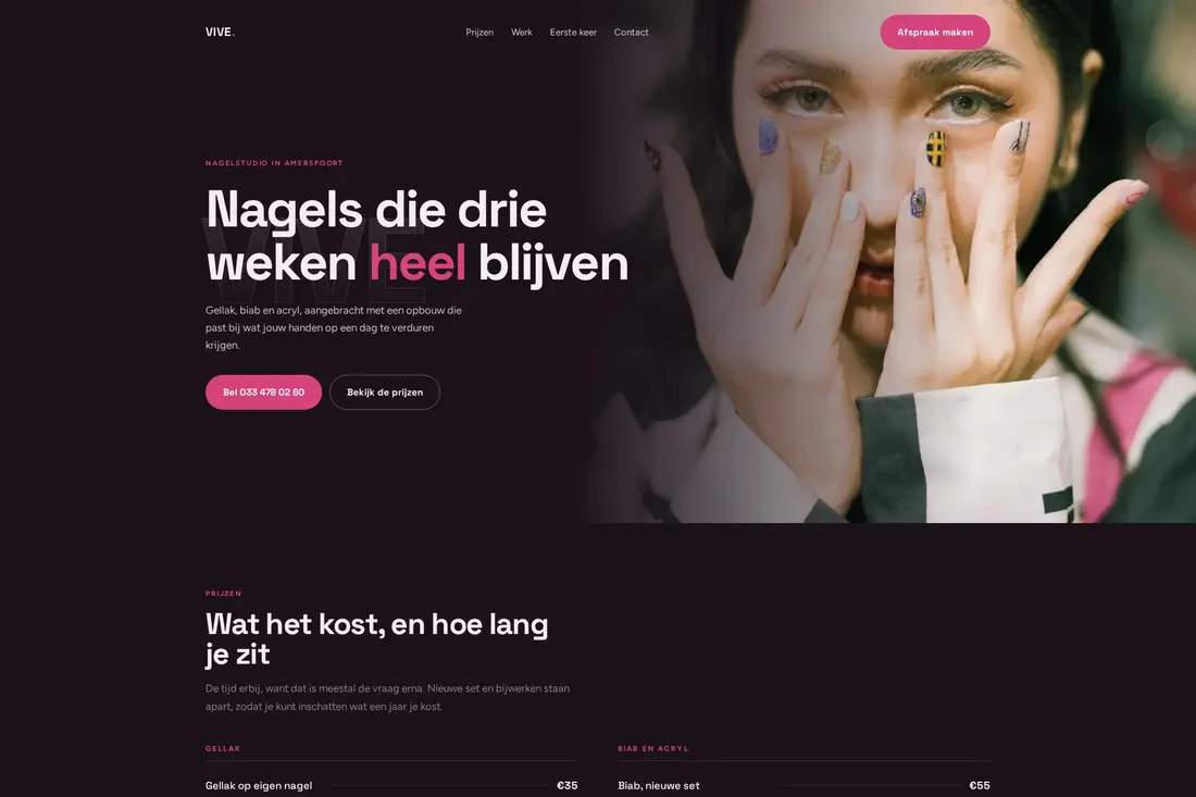 Het beginscherm van de website van Nagelstudio Vive